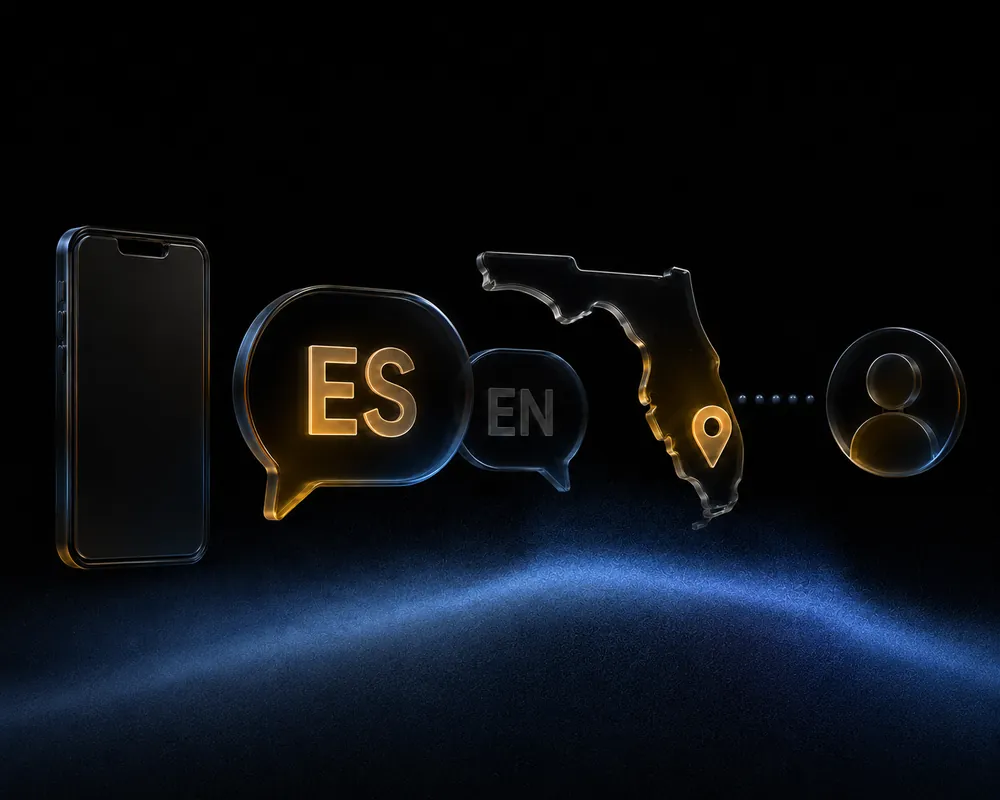 Mapa de Florida con burbujas de español e inglés conectando con un cliente