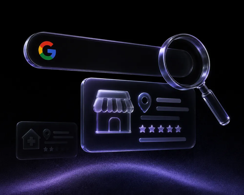 Glass Google search bar and magnifier over a local business profile with reviews