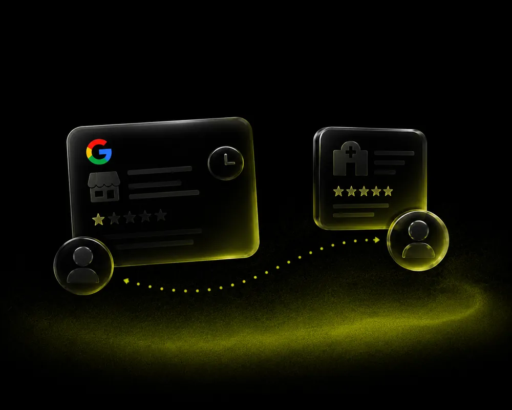Glass Google profile with one star next to a clinic profile with five stars as a patient moves toward it