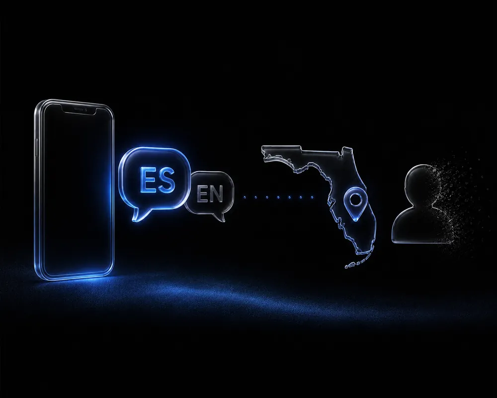 Glass phone with Spanish and English speech bubbles linking to a Florida map and a patient