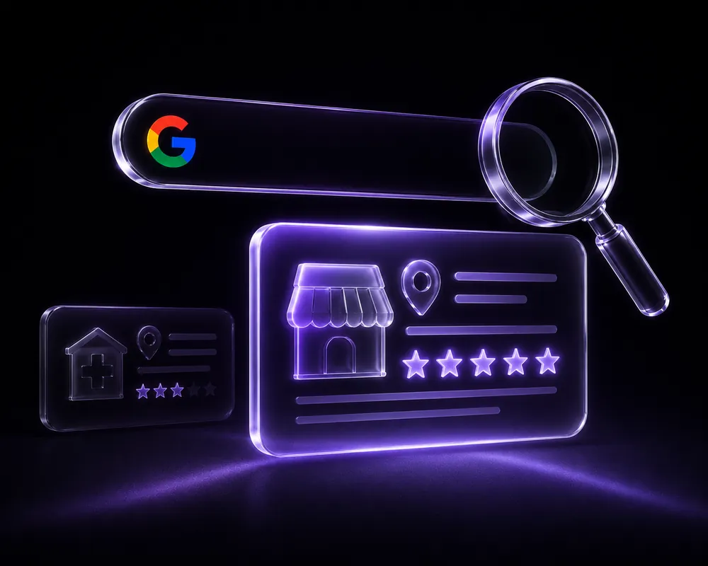 Glass Google search bar and magnifier over a five-star business profile outranking a low-rated one